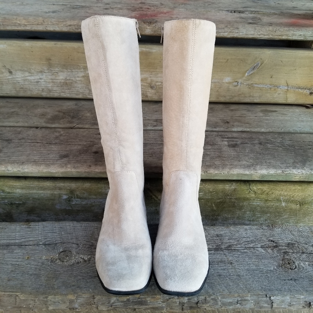 Vintage 90s y2k Chunky Heel Square Toe Bone Cream Suede Leather Tall Boots 7.5 - Picture 6 of 11